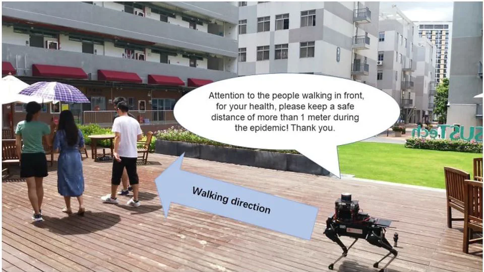 Autonomous social distancing in urban environments using a quadruped robot